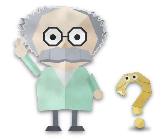 Professor Crease, a paper professor with a walrus moustache, waves; next to him Pip, a paper question mark, hops